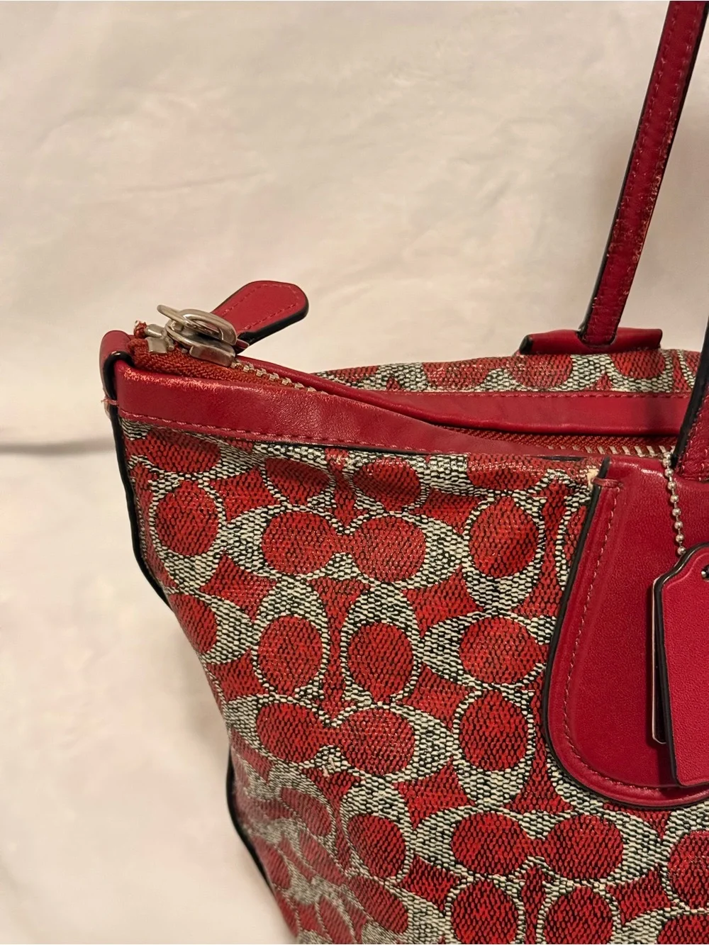 Coach Signature Coated Canvas Taxi Zip Top Red Tote with Removable Pouch
